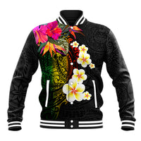Hawaii Plumeria Baseball Jacket Polynesian Tattoo and Hibiscus LT03 Unisex Black - Polynesian Pride