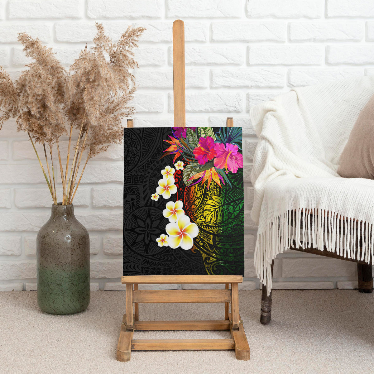 Hawaii Plumeria Canvas Wall Art Polynesian Tattoo and Hibiscus LT03 - Polynesian Pride