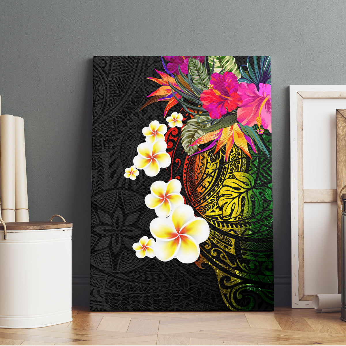 Hawaii Plumeria Canvas Wall Art Polynesian Tattoo and Hibiscus LT03 - Polynesian Pride