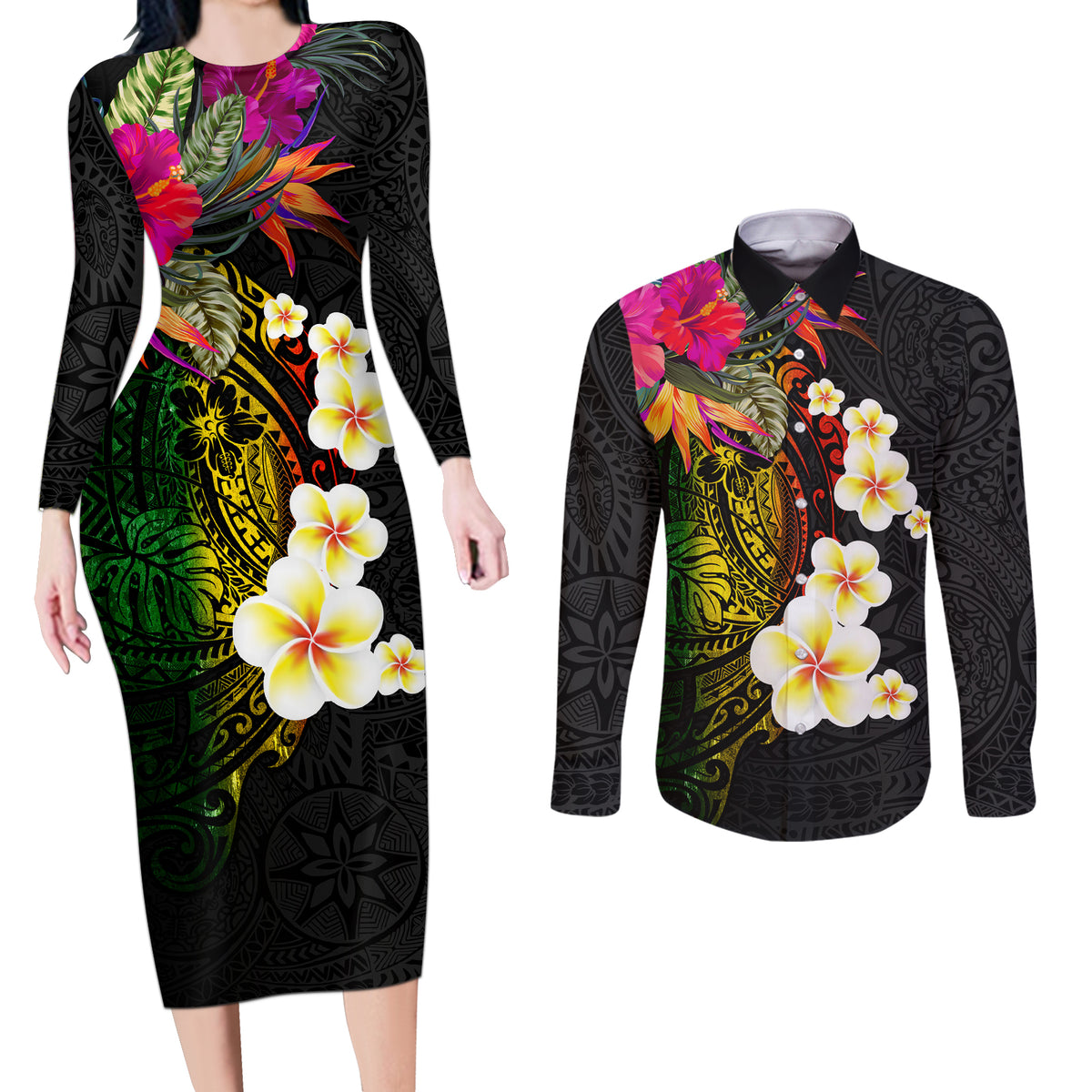 Hawaii Plumeria Couples Matching Long Sleeve Bodycon Dress and Long Sleeve Button Shirt Polynesian Tattoo and Hibiscus LT03 Black - Polynesian Pride