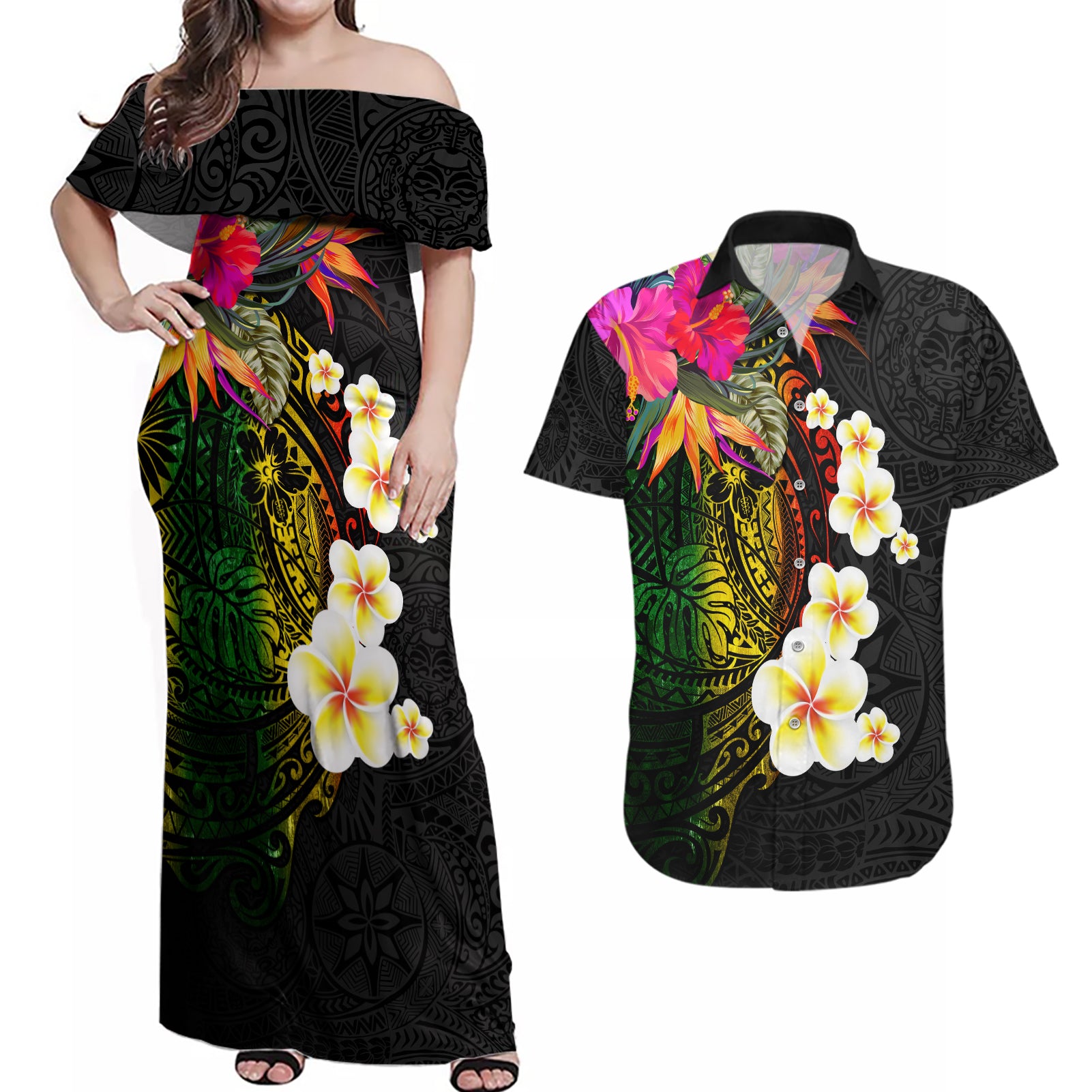 Hawaii Plumeria Couples Matching Off Shoulder Maxi Dress and Hawaiian Shirt Polynesian Tattoo and Hibiscus