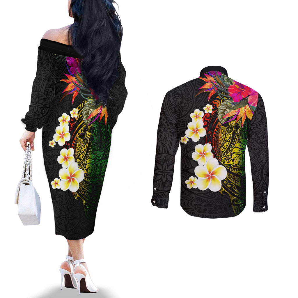 Hawaii Plumeria Couples Matching Off The Shoulder Long Sleeve Dress and Long Sleeve Button Shirt Polynesian Tattoo and Hibiscus