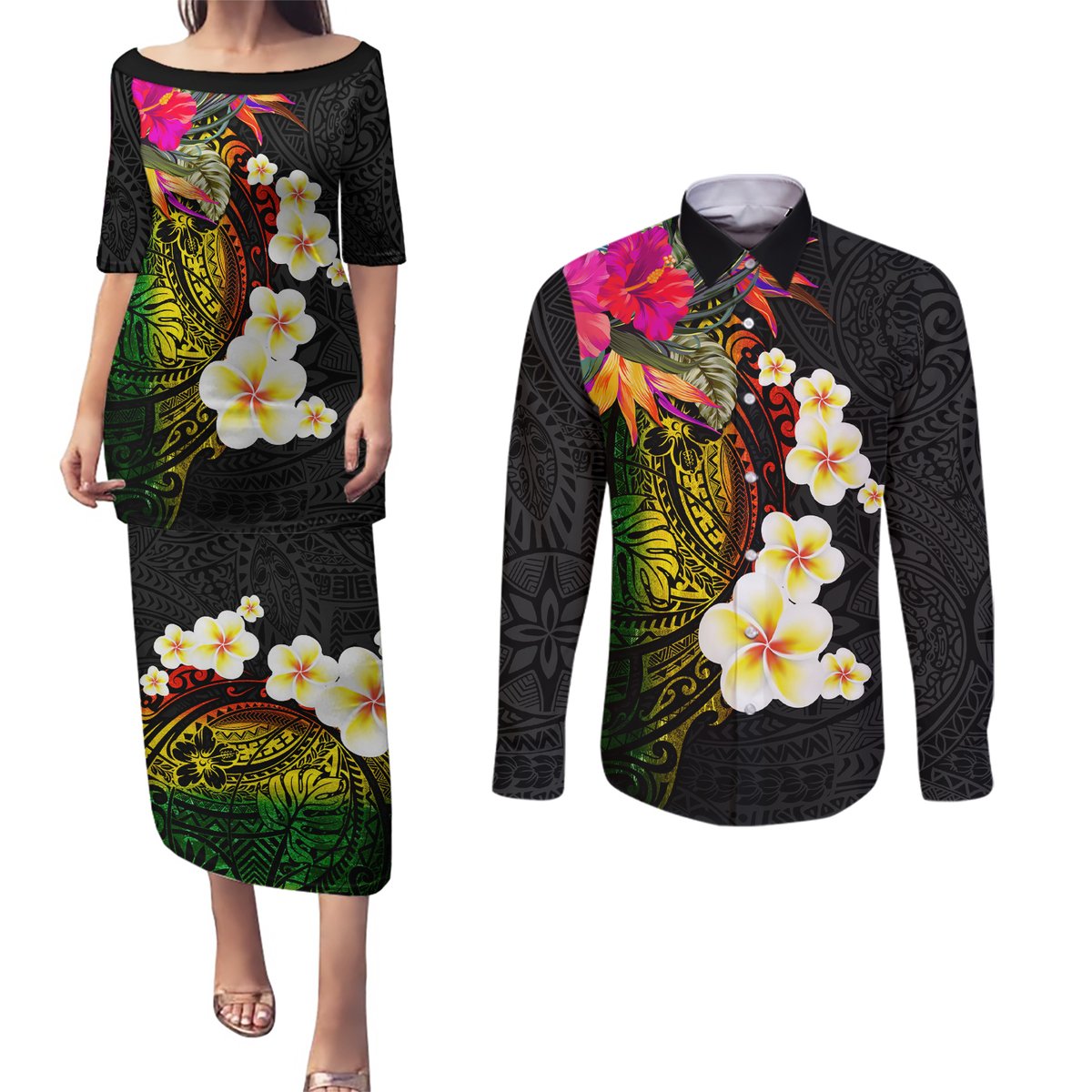 Hawaii Plumeria Couples Matching Puletasi and Long Sleeve Button Shirt Polynesian Tattoo and Hibiscus LT03 Black - Polynesian Pride