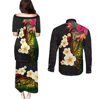 Hawaii Plumeria Couples Matching Puletasi and Long Sleeve Button Shirt Polynesian Tattoo and Hibiscus LT03 - Polynesian Pride