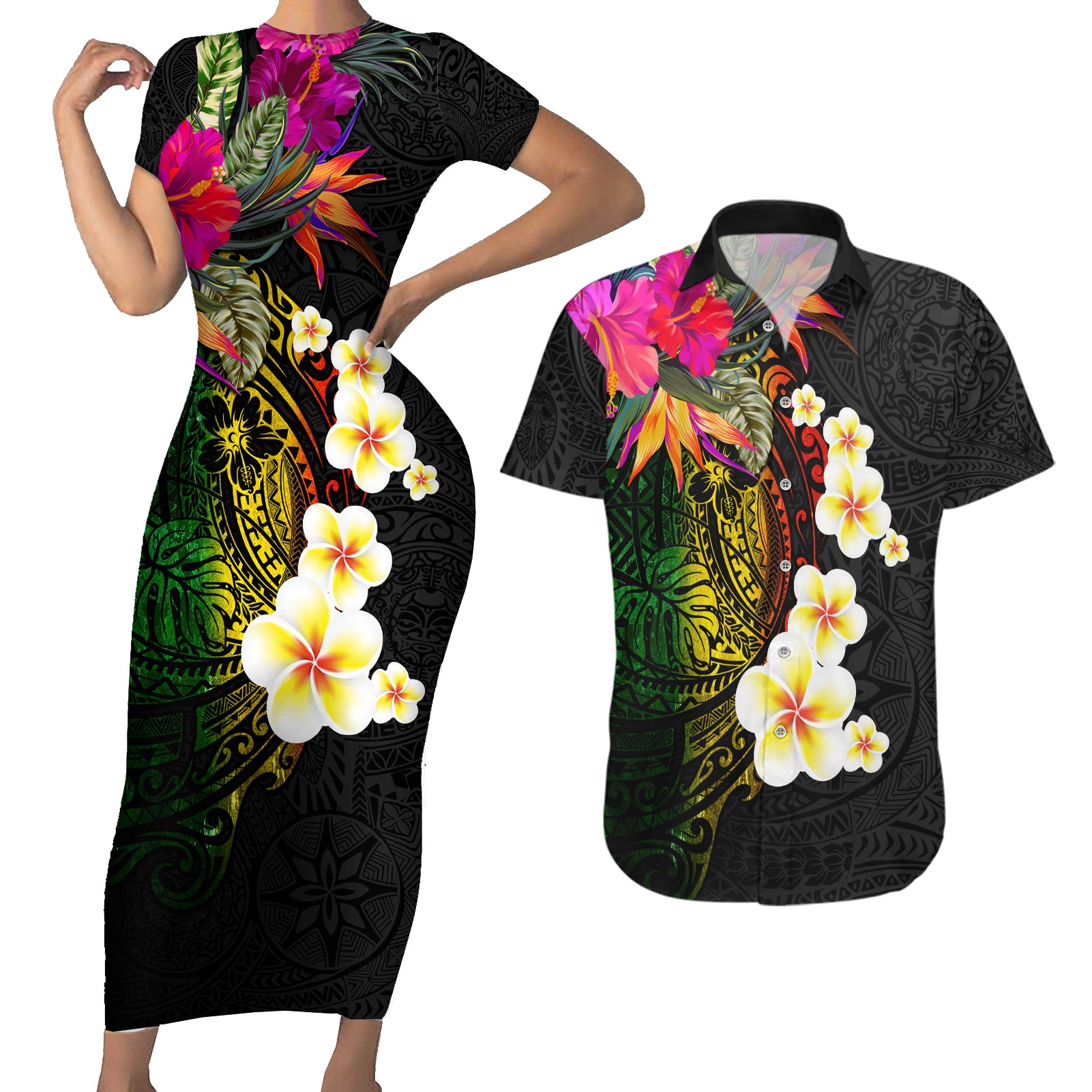 Hawaii Plumeria Couples Matching Short Sleeve Bodycon Dress and Hawaiian Shirt Polynesian Tattoo and Hibiscus