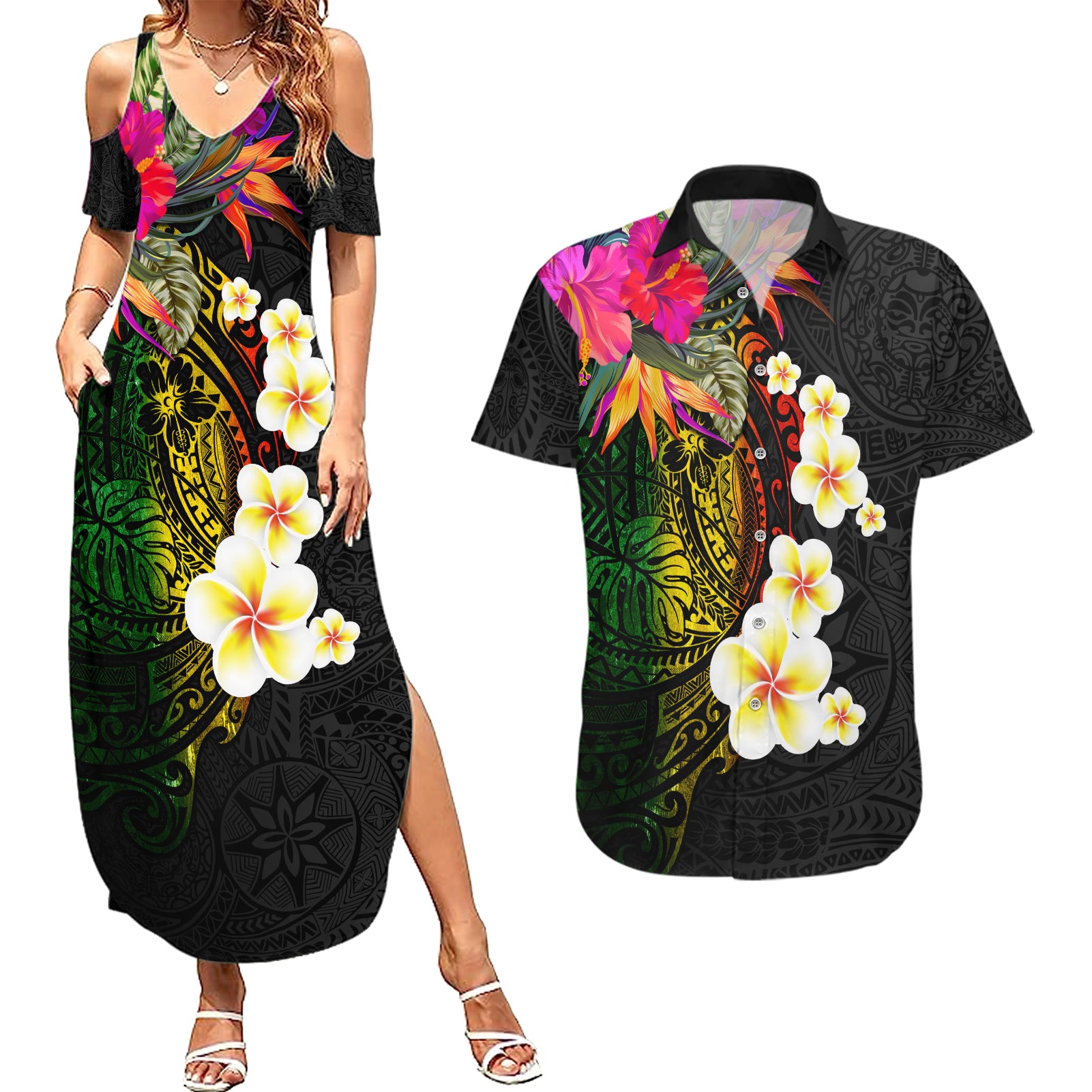 Hawaii Plumeria Couples Matching Summer Maxi Dress and Hawaiian Shirt Polynesian Tattoo and Hibiscus