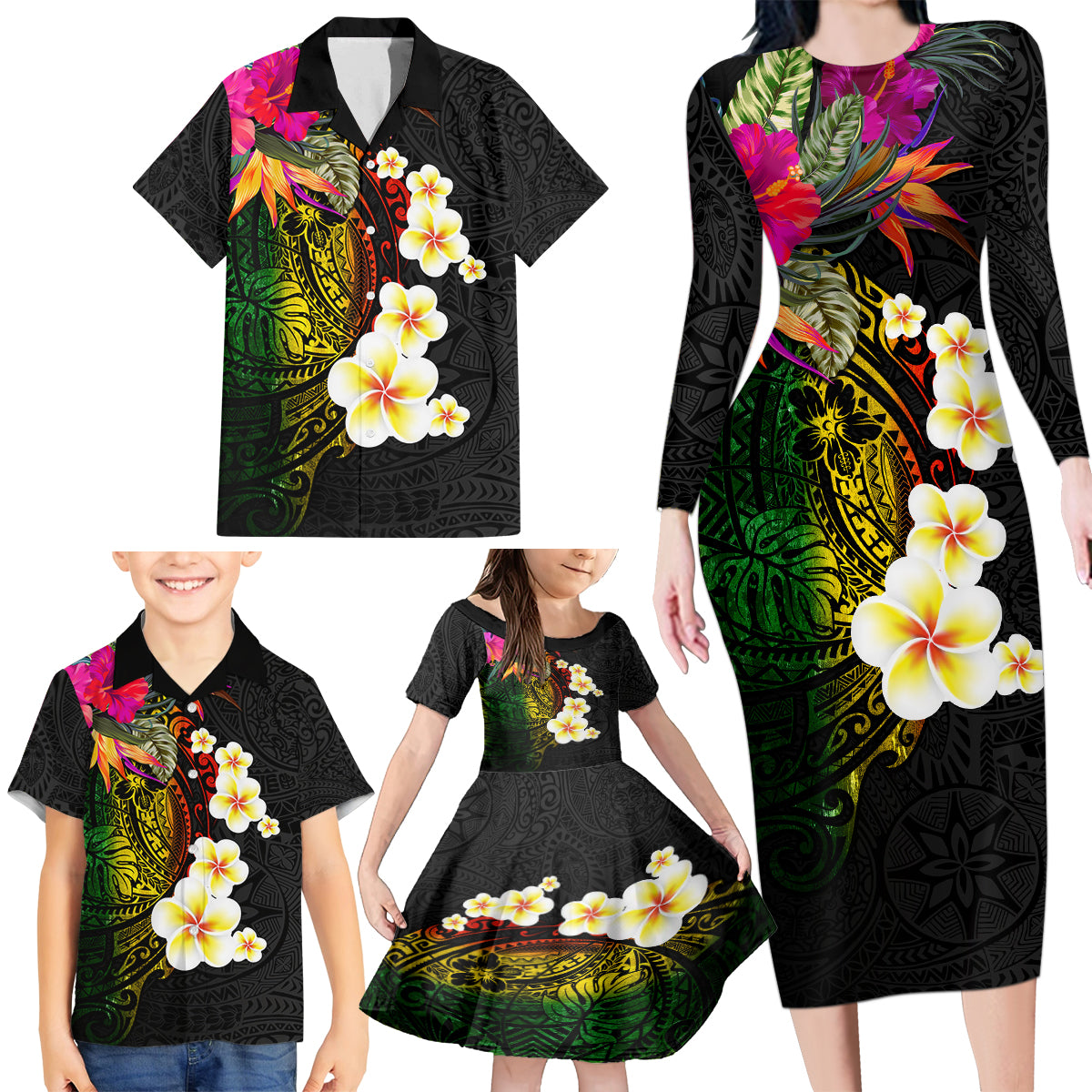 Hawaii Plumeria Family Matching Long Sleeve Bodycon Dress and Hawaiian Shirt Polynesian Tattoo and Hibiscus