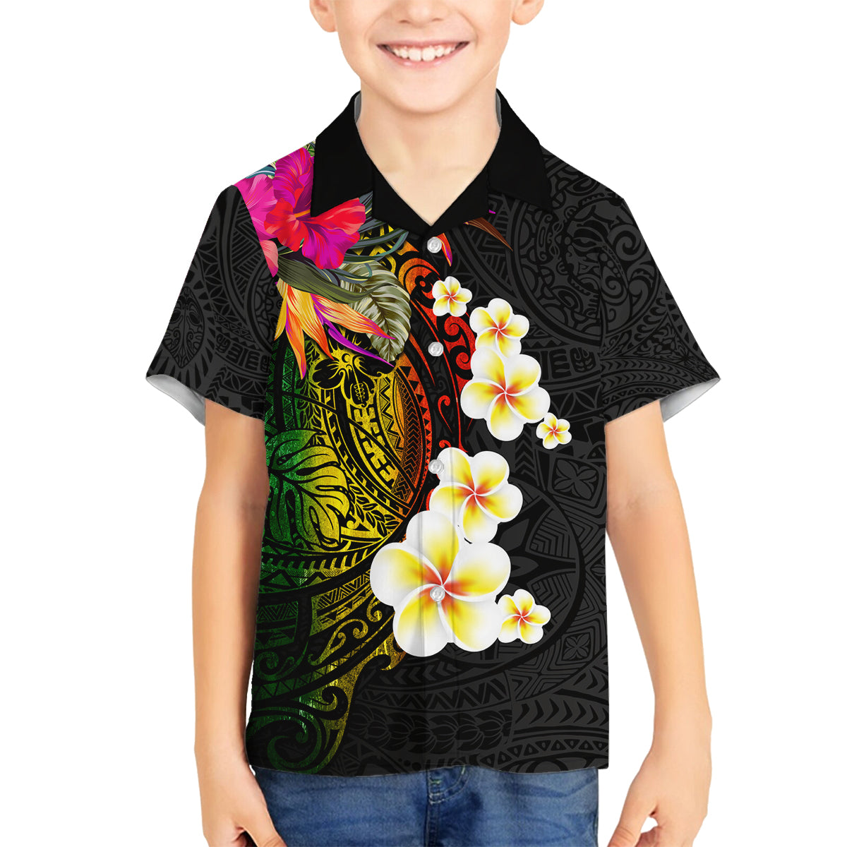 Hawaii Plumeria Family Matching Long Sleeve Bodycon Dress and Hawaiian Shirt Polynesian Tattoo and Hibiscus