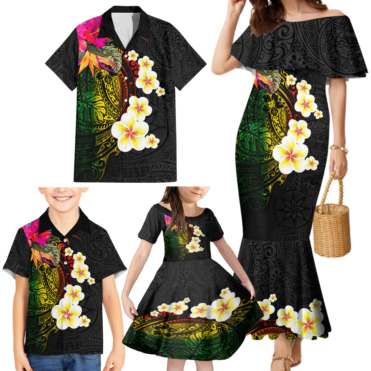 Hawaii Plumeria Family Matching Mermaid Dress and Hawaiian Shirt Polynesian Tattoo and Hibiscus