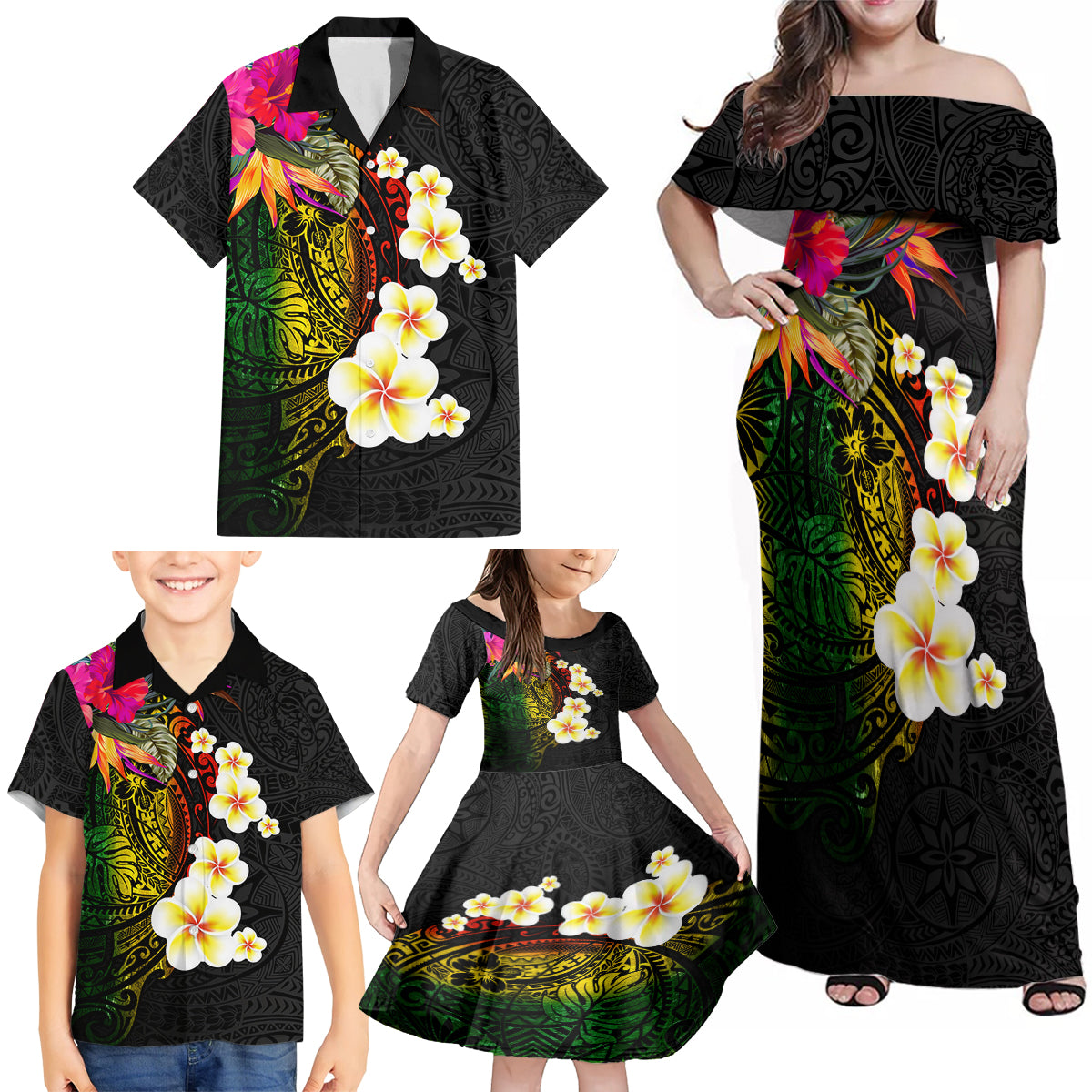 Hawaii Plumeria Family Matching Off Shoulder Maxi Dress and Hawaiian Shirt Polynesian Tattoo and Hibiscus