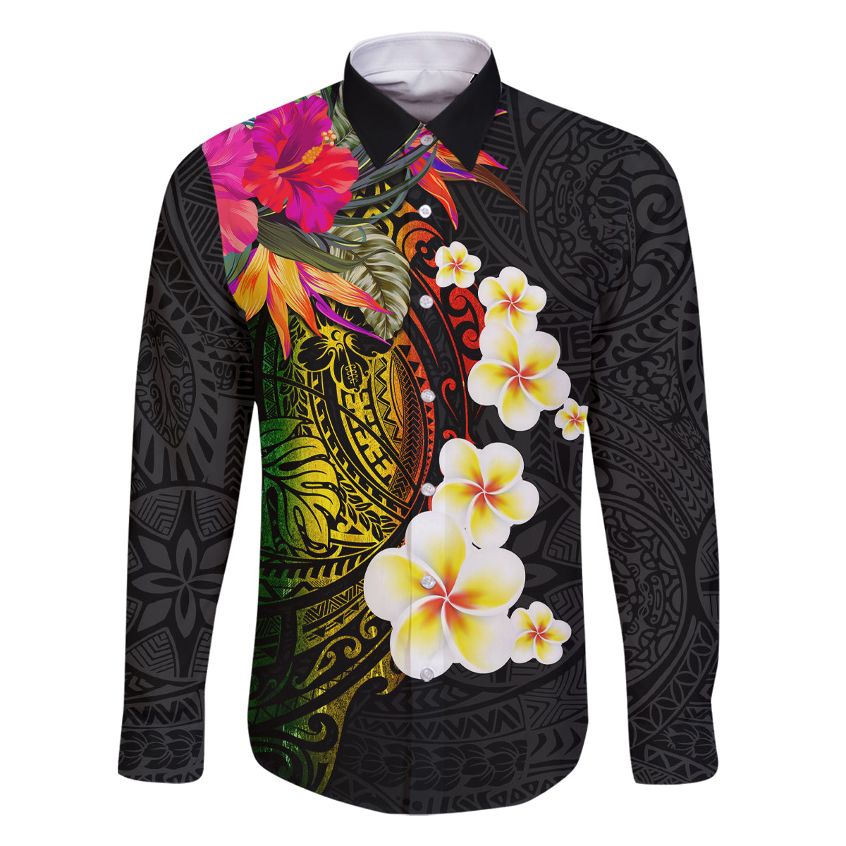 Hawaii Plumeria Family Matching Off Shoulder Short Dress and Hawaiian Shirt Polynesian Tattoo and Hibiscus LT03 Dad's Shirt - Long Sleeve Black - Polynesian Pride