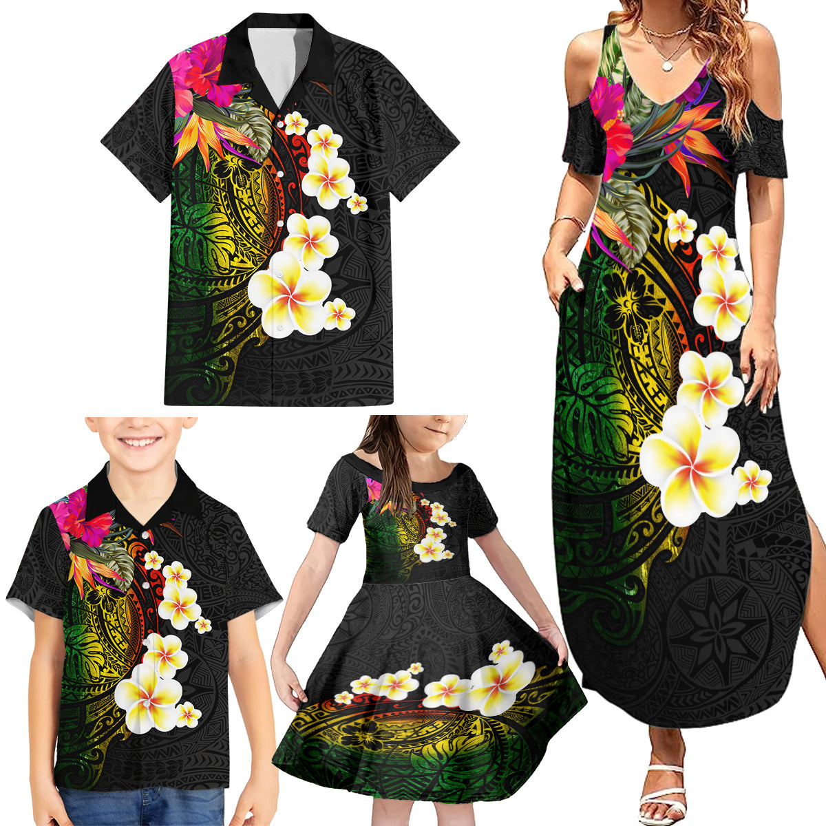 Hawaii Plumeria Family Matching Summer Maxi Dress and Hawaiian Shirt Polynesian Tattoo and Hibiscus