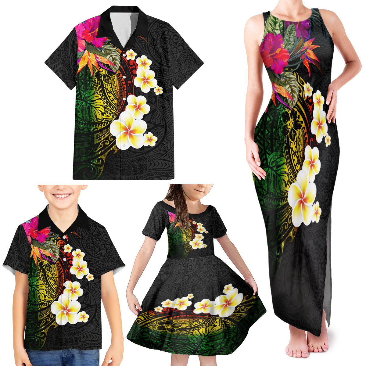 Hawaii Plumeria Family Matching Tank Maxi Dress and Hawaiian Shirt Polynesian Tattoo and Hibiscus