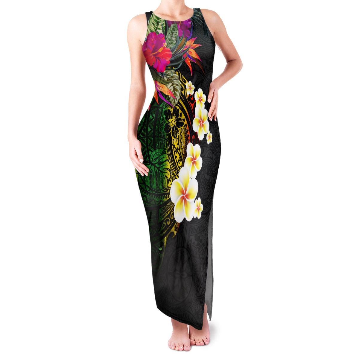 Hawaii Plumeria Family Matching Tank Maxi Dress and Hawaiian Shirt Polynesian Tattoo and Hibiscus