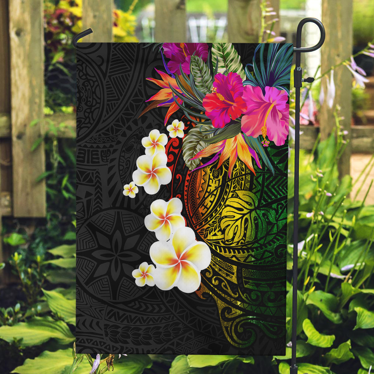Hawaii Plumeria Garden Flag Polynesian Tattoo and Hibiscus LT03 Garden Flag Black - Polynesian Pride