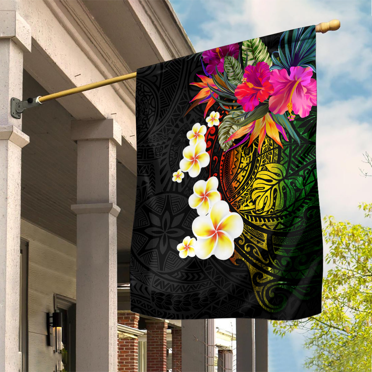 Hawaii Plumeria Garden Flag Polynesian Tattoo and Hibiscus LT03 House Flag Black - Polynesian Pride