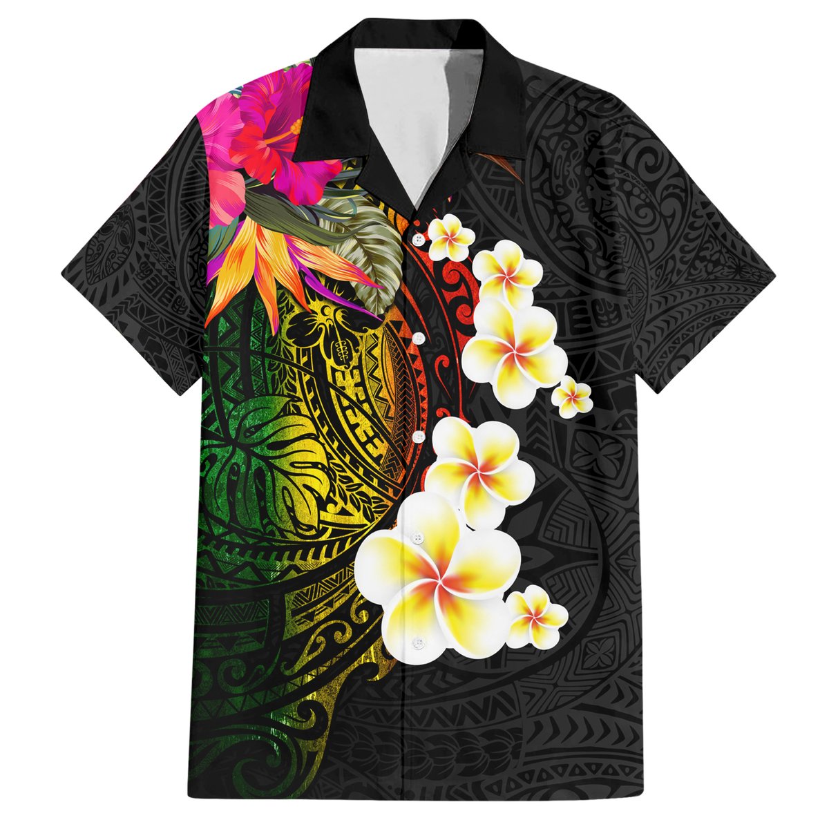 Hawaii Plumeria Hawaiian Shirt Polynesian Tattoo and Hibiscus LT03 Black - Polynesian Pride