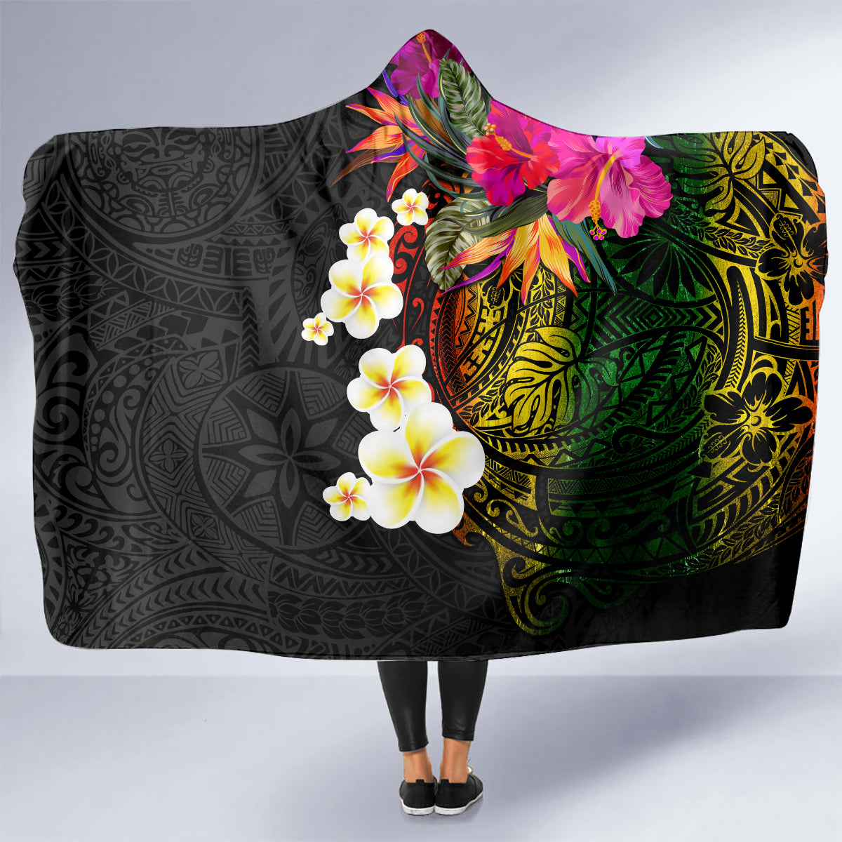 Hawaii Plumeria Hooded Blanket Polynesian Tattoo and Hibiscus LT03 - Polynesian Pride