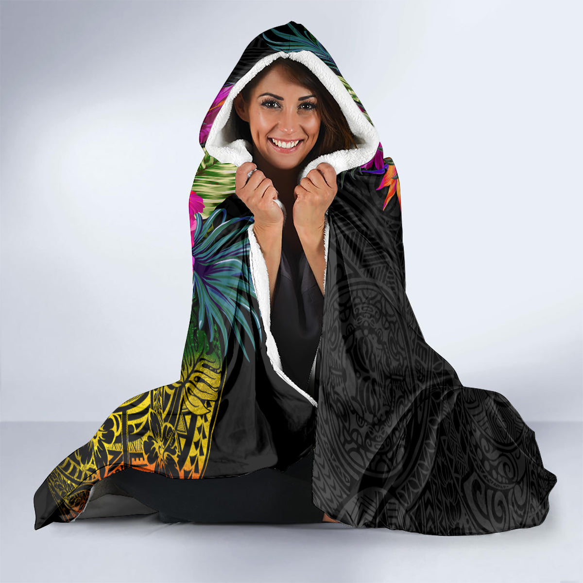 Hawaii Plumeria Hooded Blanket Polynesian Tattoo and Hibiscus LT03 - Polynesian Pride