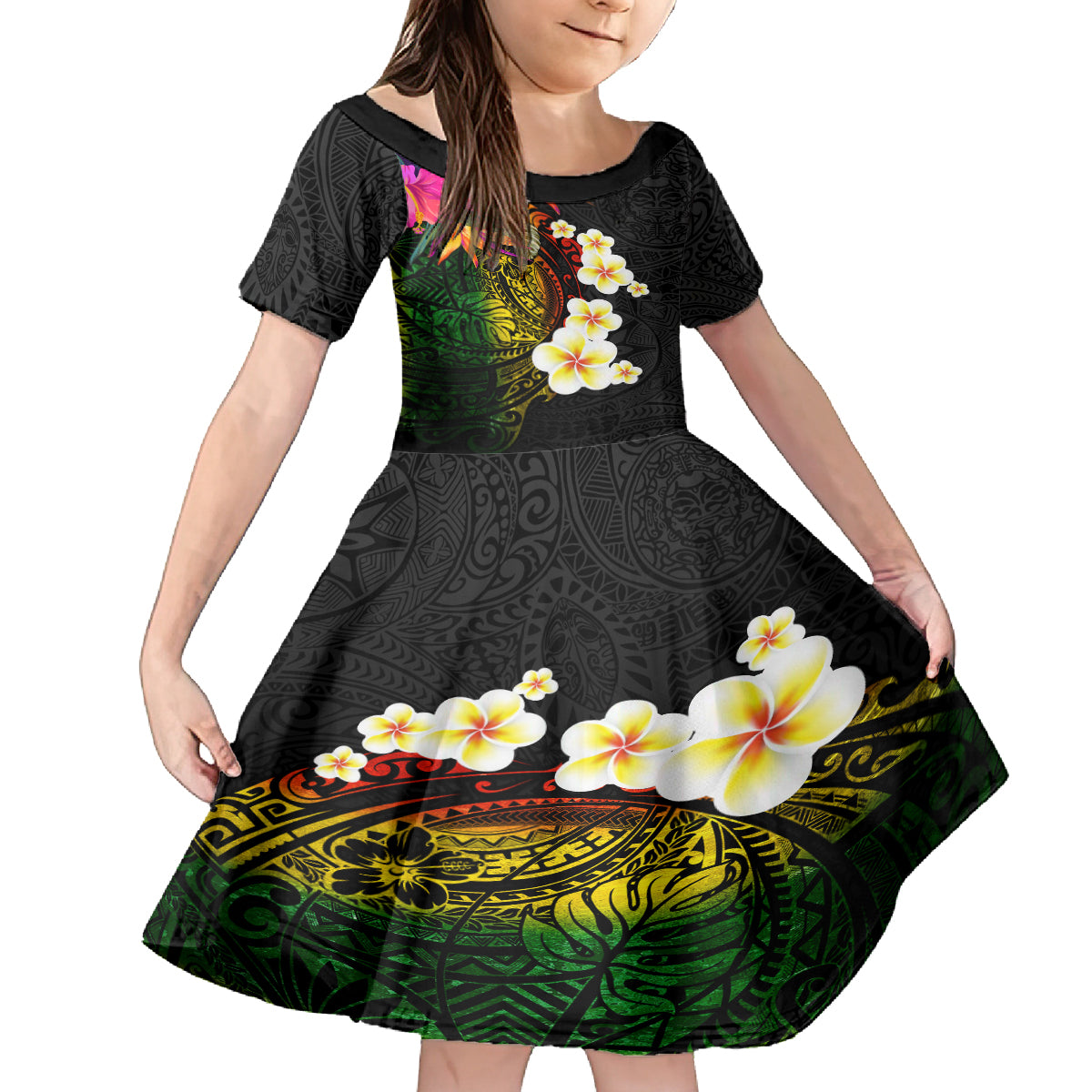 Hawaii Plumeria Kid Short Sleeve Dress Polynesian Tattoo and Hibiscus LT03 KID Black - Polynesian Pride