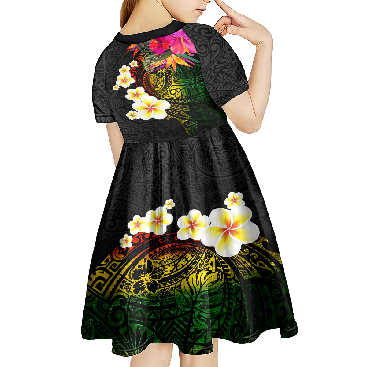 Hawaii Plumeria Kid Short Sleeve Dress Polynesian Tattoo and Hibiscus LT03 - Polynesian Pride