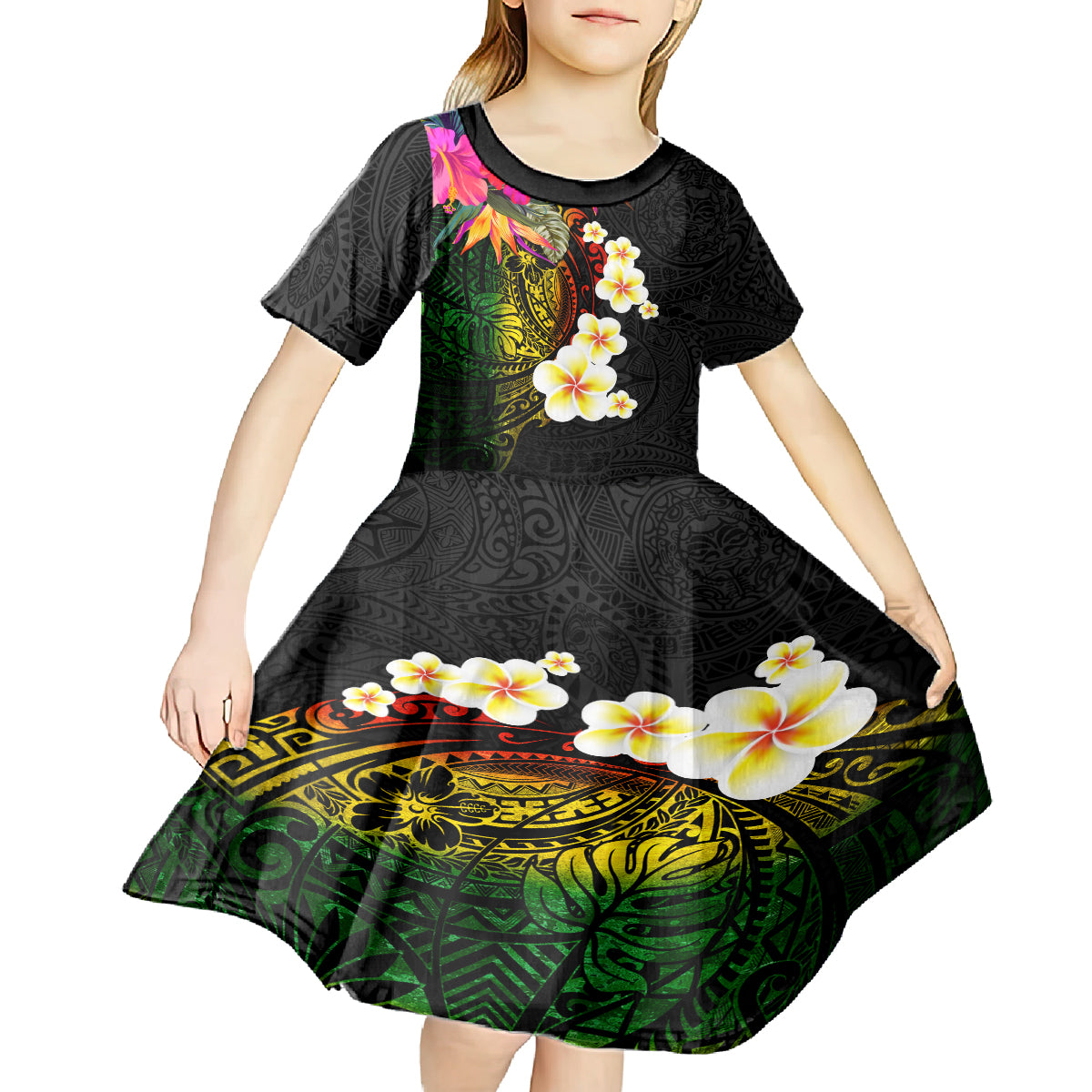 Hawaii Plumeria Kid Short Sleeve Dress Polynesian Tattoo and Hibiscus LT03 - Polynesian Pride
