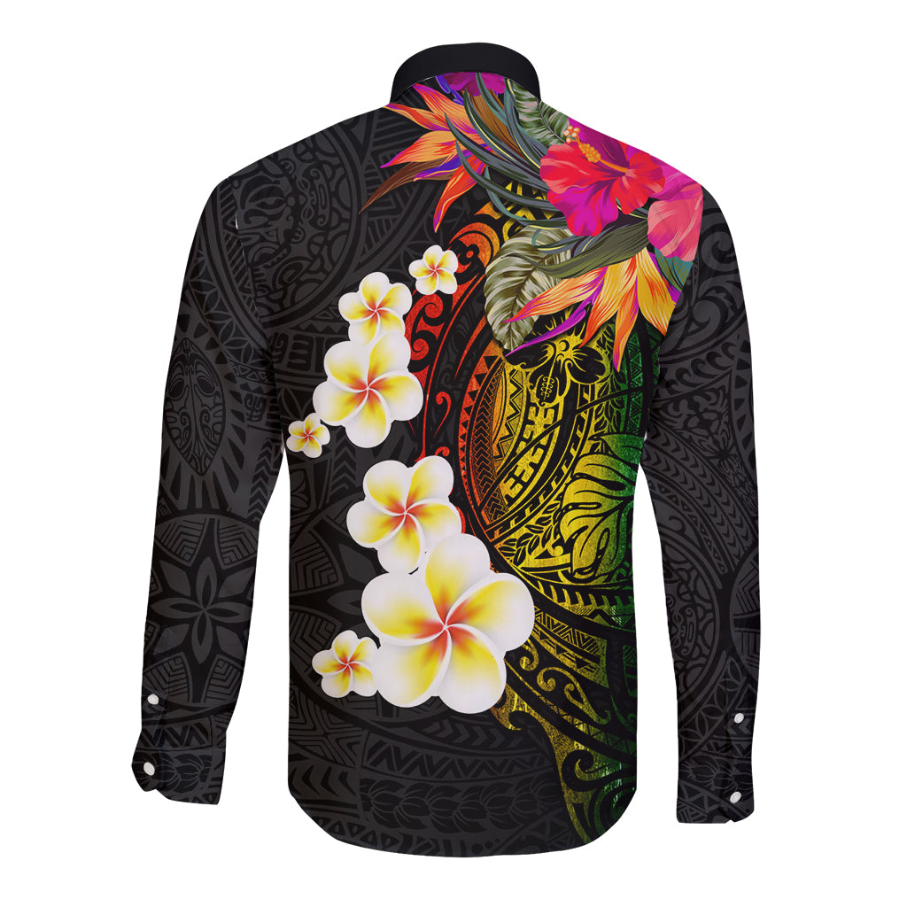 Hawaii Plumeria Long Sleeve Button Shirt Polynesian Tattoo and Hibiscus