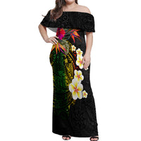 Hawaii Plumeria Off Shoulder Maxi Dress Polynesian Tattoo and Hibiscus LT03 Women Black - Polynesian Pride