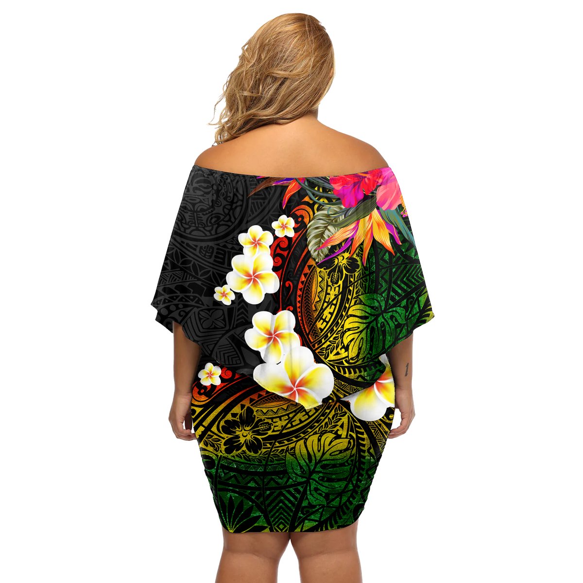 Hawaii Plumeria Off Shoulder Short Dress Polynesian Tattoo and Hibiscus LT03 - Polynesian Pride