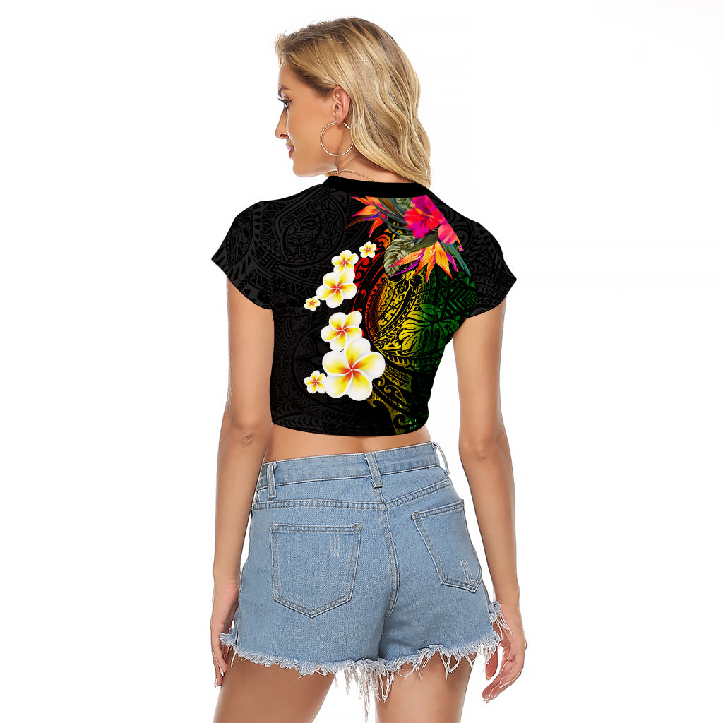 Hawaii Plumeria Raglan Cropped T Shirt Polynesian Tattoo and Hibiscus