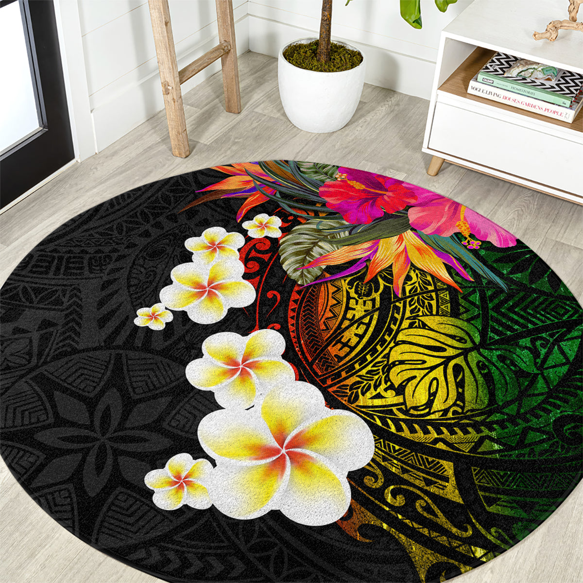 Hawaii Plumeria Round Carpet Polynesian Tattoo and Hibiscus