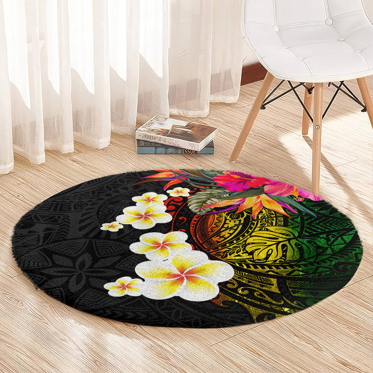 Hawaii Plumeria Round Carpet Polynesian Tattoo and Hibiscus