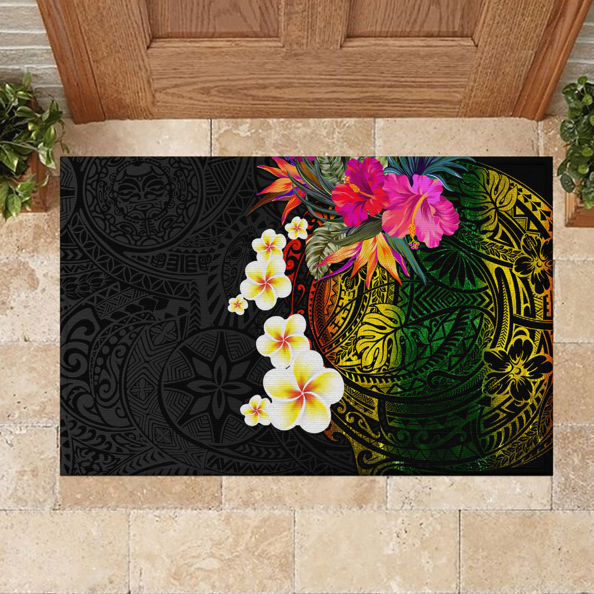Hawaii Plumeria Rubber Doormat Polynesian Tattoo and Hibiscus LT03 - Polynesian Pride