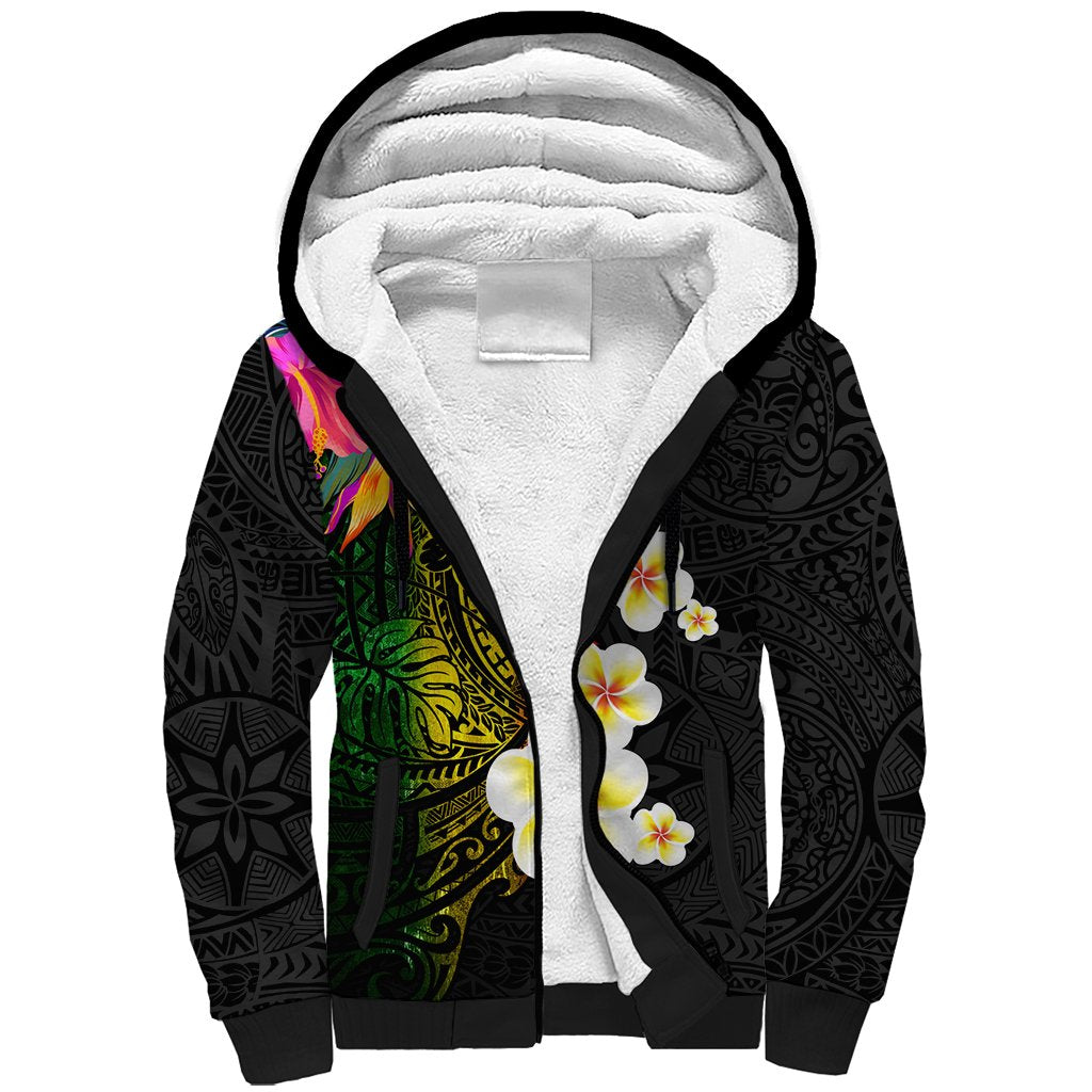Hawaii Plumeria Sherpa Hoodie Polynesian Tattoo and Hibiscus LT03 Unisex Black - Polynesian Pride