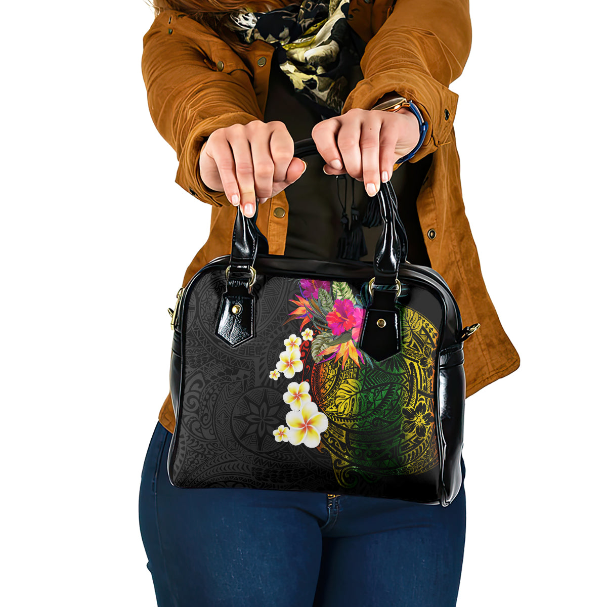 Hawaii Plumeria Shoulder Handbag Polynesian Tattoo and Hibiscus LT03 One Size Black - Polynesian Pride