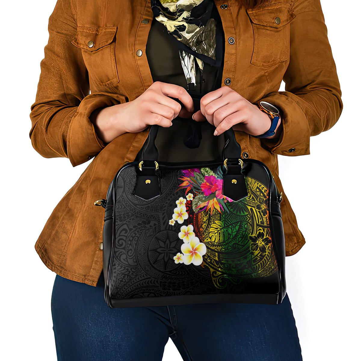 Hawaii Plumeria Shoulder Handbag Polynesian Tattoo and Hibiscus LT03 - Polynesian Pride