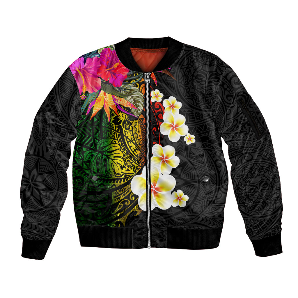 Hawaii Plumeria Sleeve Zip Bomber Jacket Polynesian Tattoo and Hibiscus LT03 Unisex Black - Polynesian Pride