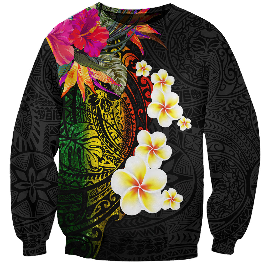 Hawaii Plumeria Sweatshirt Polynesian Tattoo and Hibiscus LT03 Unisex Black - Polynesian Pride