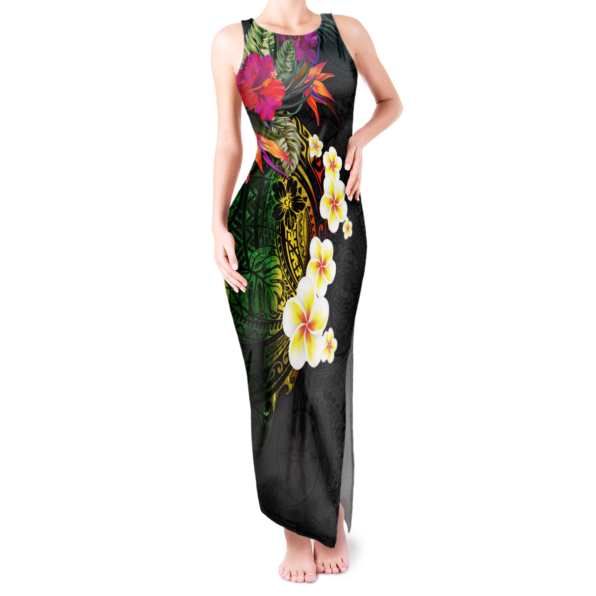 Hawaii Plumeria Tank Maxi Dress Polynesian Tattoo and Hibiscus