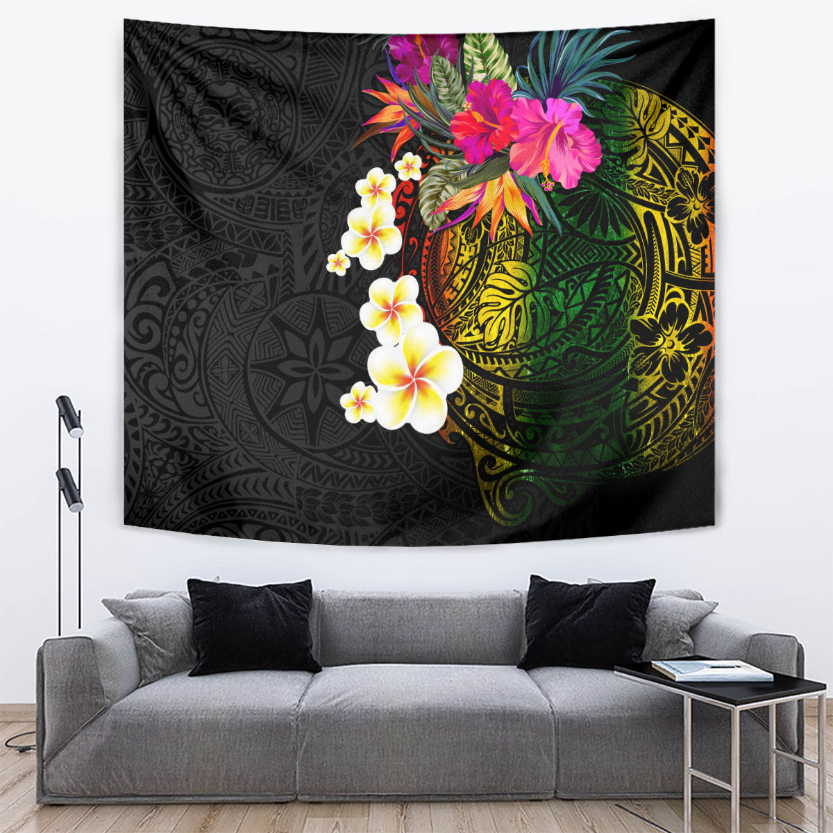 Hawaii Plumeria Tapestry Polynesian Tattoo and Hibiscus LT03 Black - Polynesian Pride