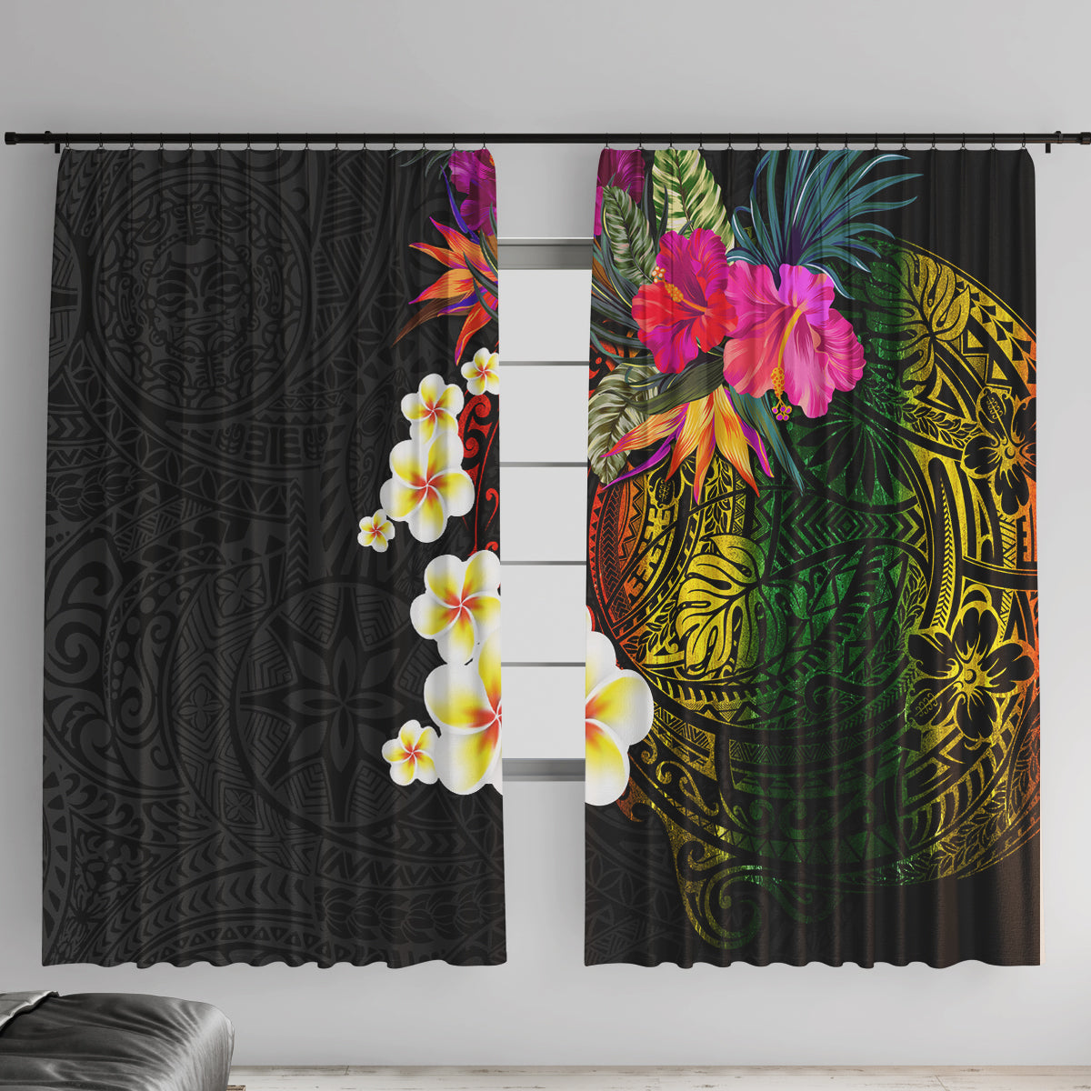 Hawaii Plumeria Window Curtain Polynesian Tattoo and Hibiscus