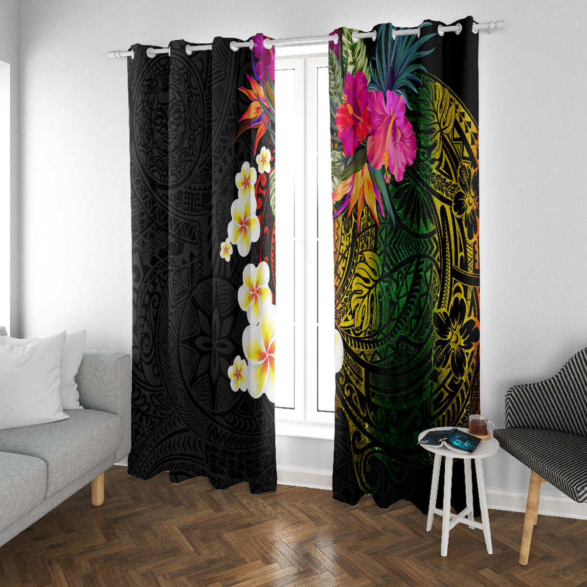 Hawaii Plumeria Window Curtain Polynesian Tattoo and Hibiscus LT03 With Grommets Black - Polynesian Pride