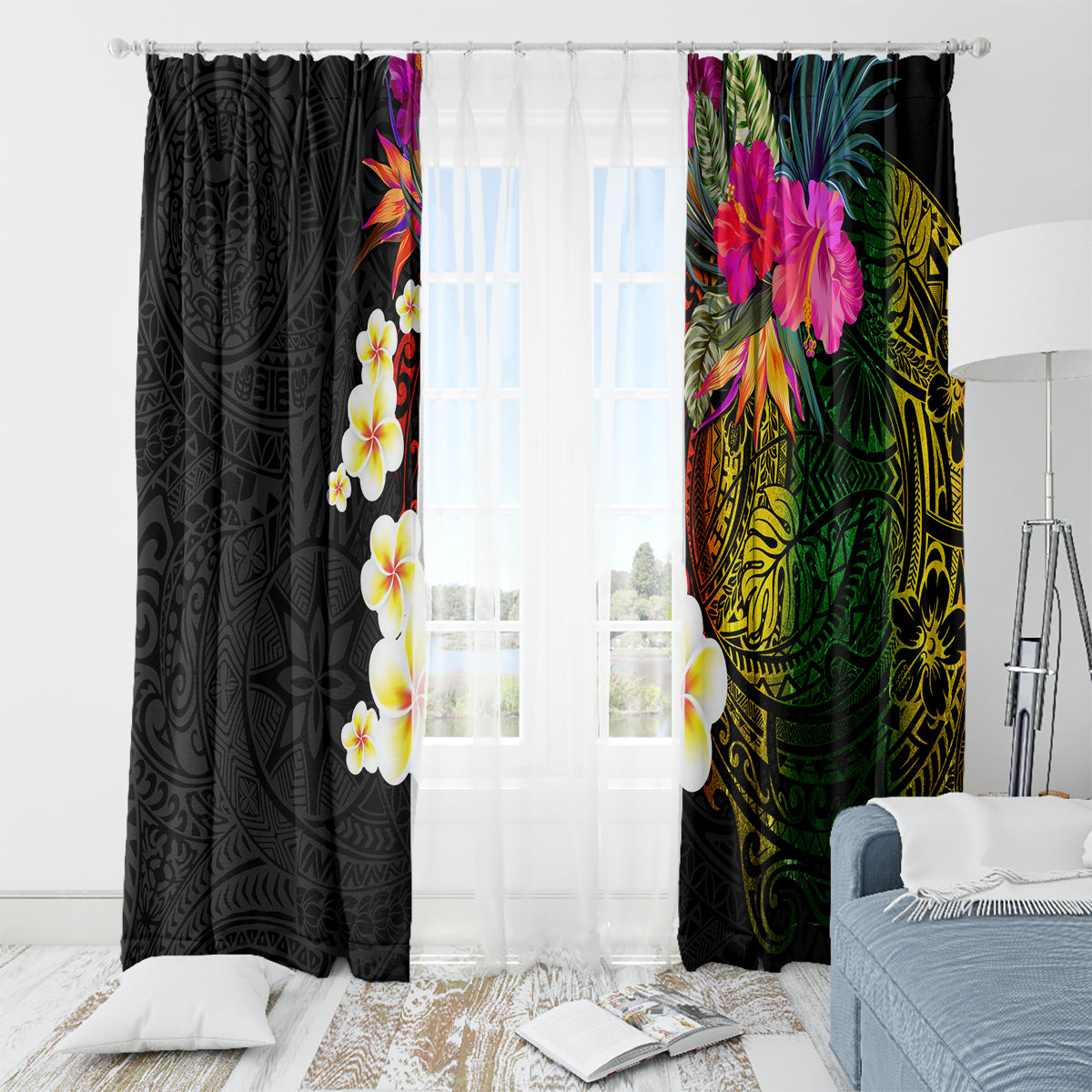 Hawaii Plumeria Window Curtain Polynesian Tattoo and Hibiscus LT03 - Polynesian Pride