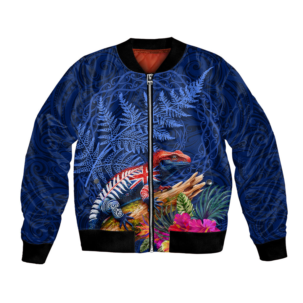 New Zealand Tuatara Bomber Jacket Silver Fern Hibiscus and Tribal Maori Pattern Blue Color LT03 Unisex Blue - Polynesian Pride