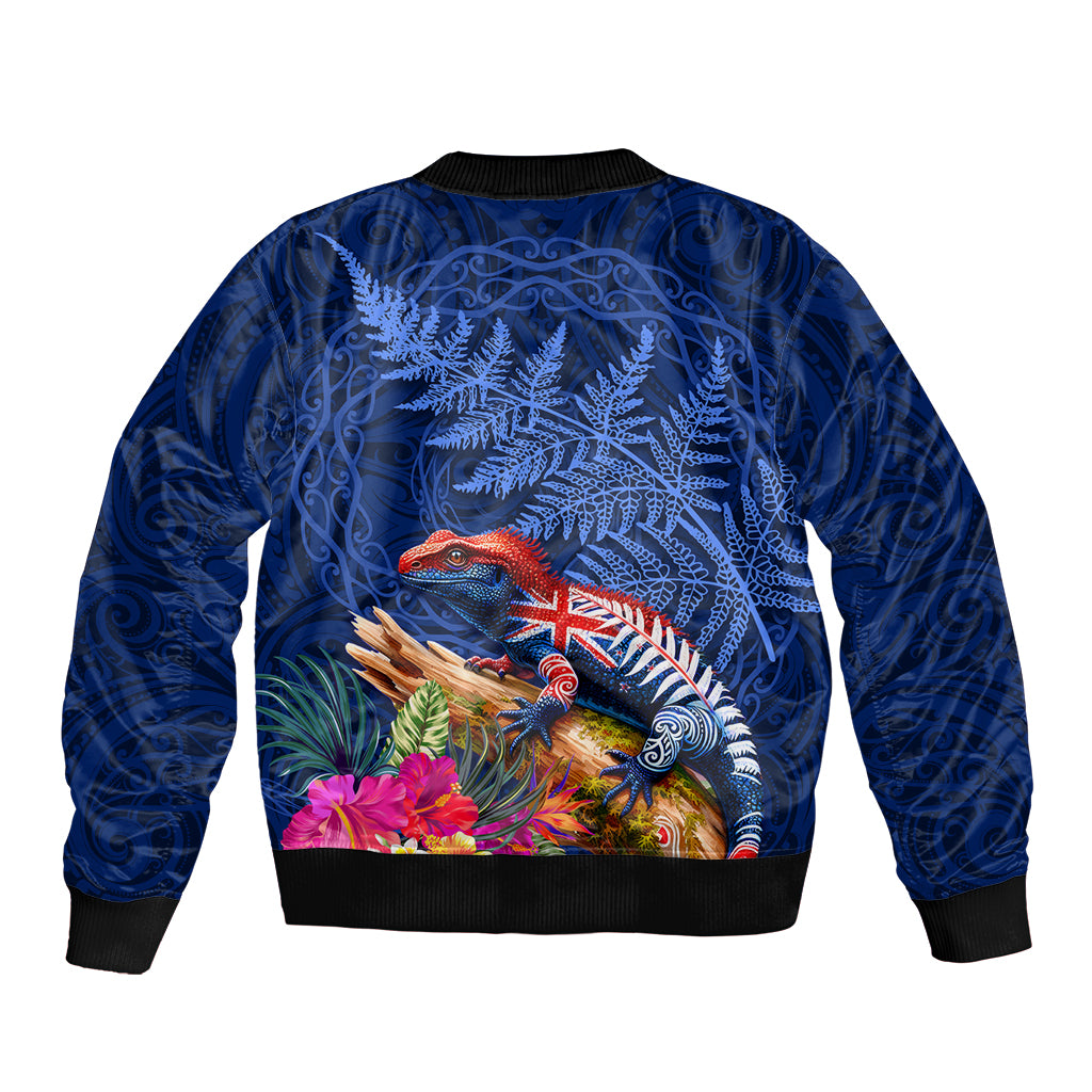 New Zealand Tuatara Bomber Jacket Silver Fern Hibiscus and Tribal Maori Pattern Blue Color LT03 - Polynesian Pride