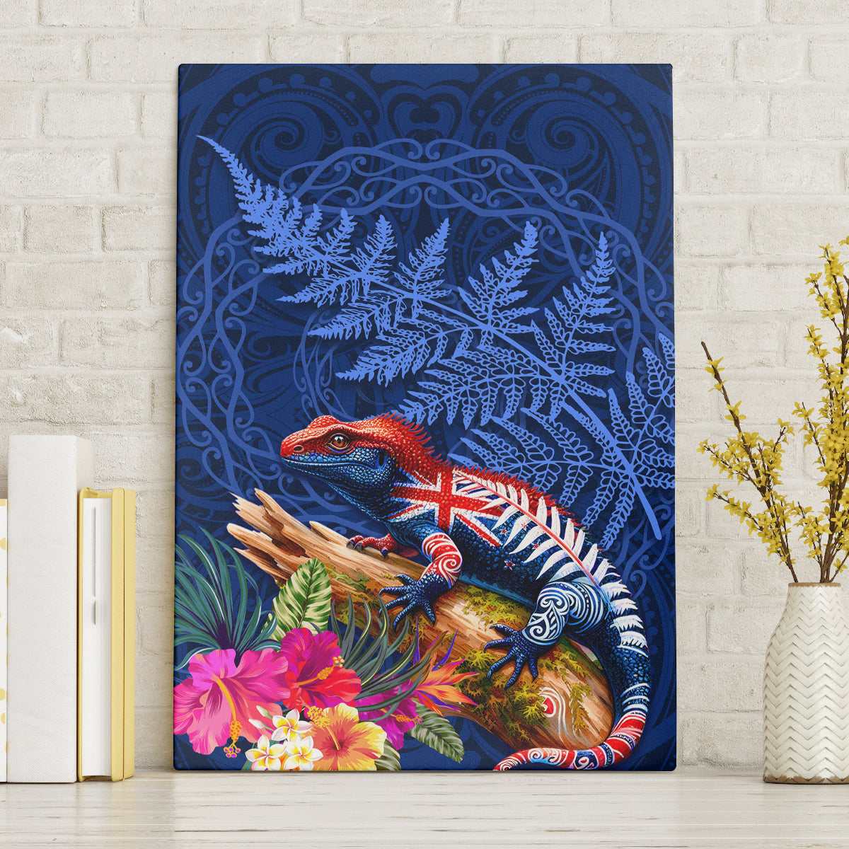New Zealand Tuatara Canvas Wall Art Silver Fern Hibiscus and Tribal Maori Pattern Blue Color LT03 Without Frame Blue - Polynesian Pride
