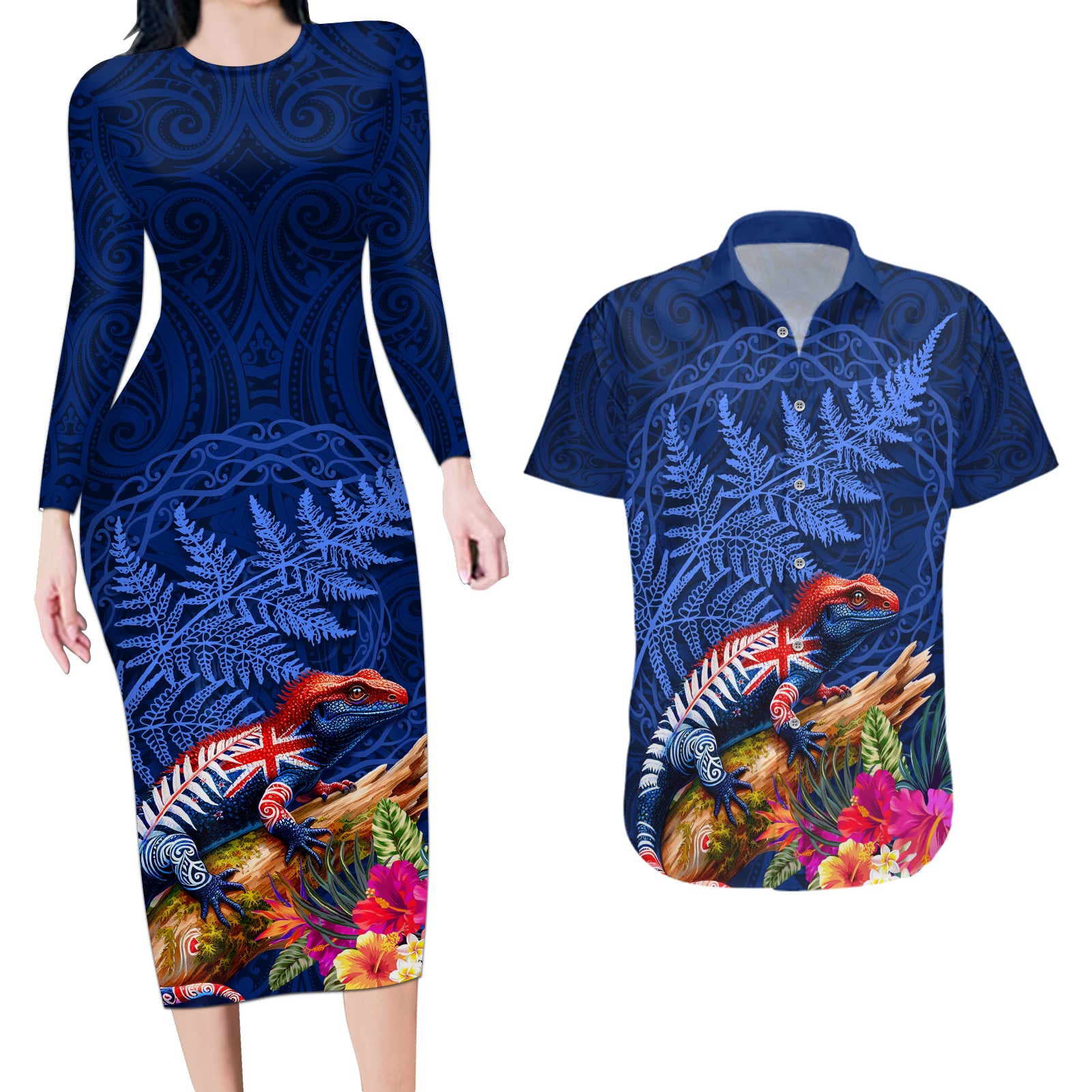 New Zealand Tuatara Couples Matching Long Sleeve Bodycon Dress and Hawaiian Shirt Silver Fern Hibiscus and Tribal Maori Pattern Blue Color