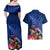 New Zealand Tuatara Couples Matching Off Shoulder Maxi Dress and Hawaiian Shirt Silver Fern Hibiscus and Tribal Maori Pattern Blue Color