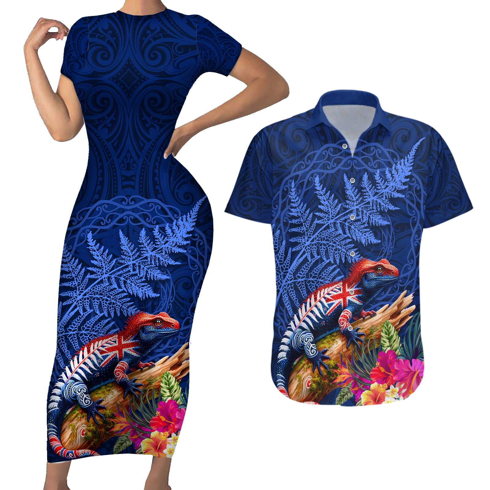 New Zealand Tuatara Couples Matching Short Sleeve Bodycon Dress and Hawaiian Shirt Silver Fern Hibiscus and Tribal Maori Pattern Blue Color