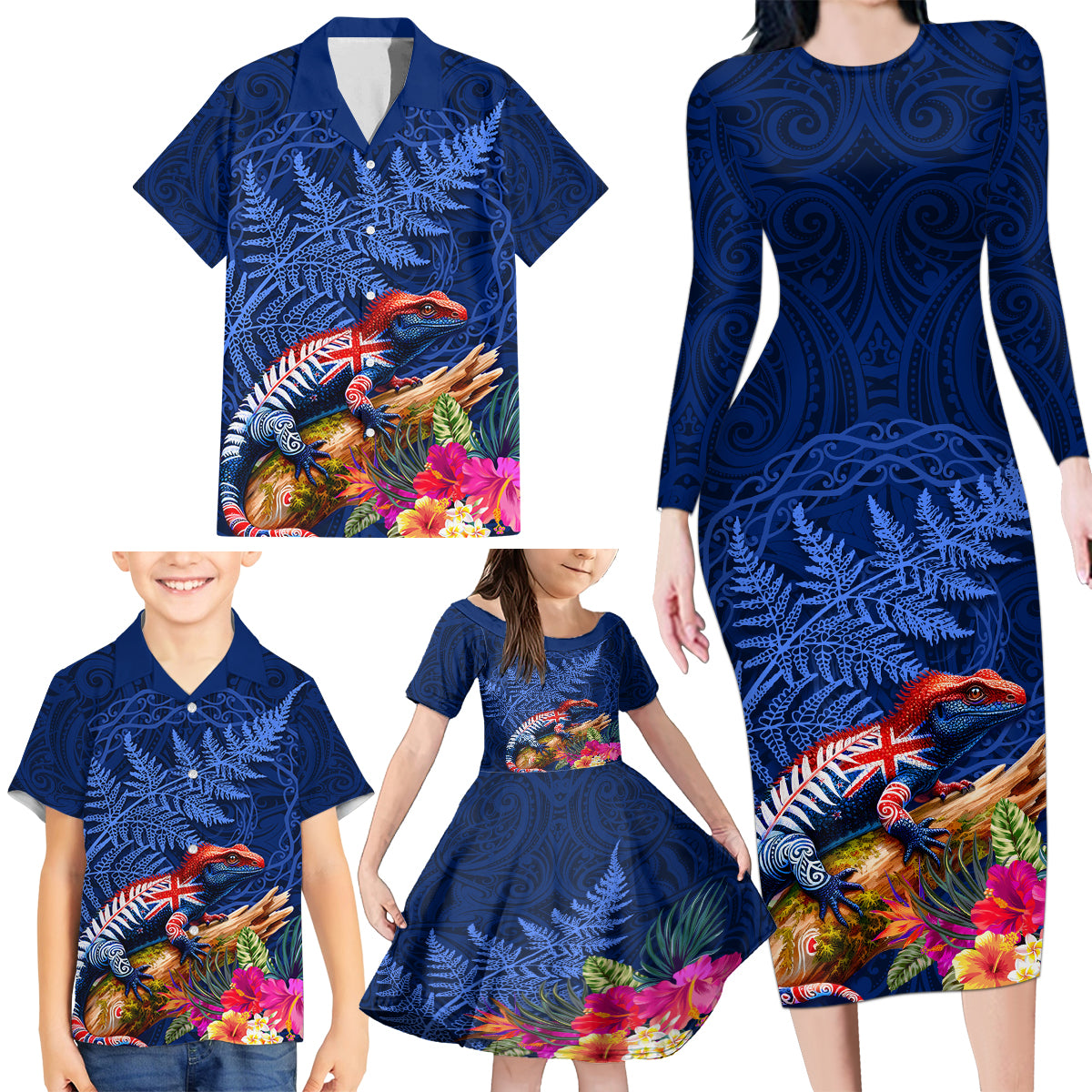 New Zealand Tuatara Family Matching Long Sleeve Bodycon Dress and Hawaiian Shirt Silver Fern Hibiscus and Tribal Maori Pattern Blue Color